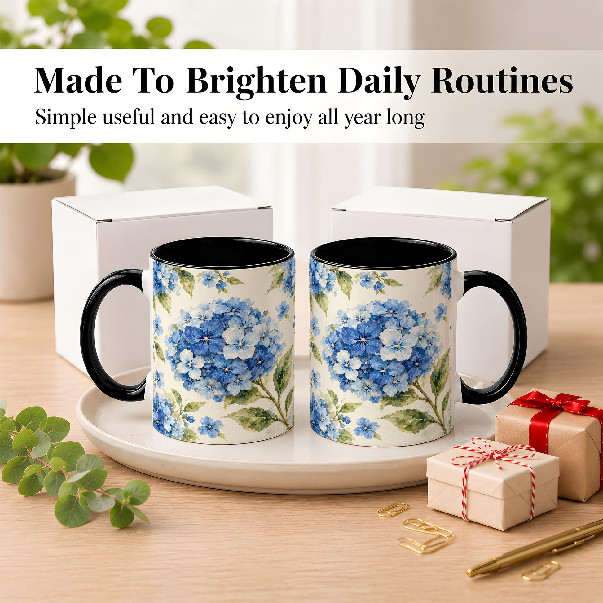 #pl[11oz|Black] Blue Hydrangea Coffee Mug, Watercolor Floral Mug, Ceramic Cup