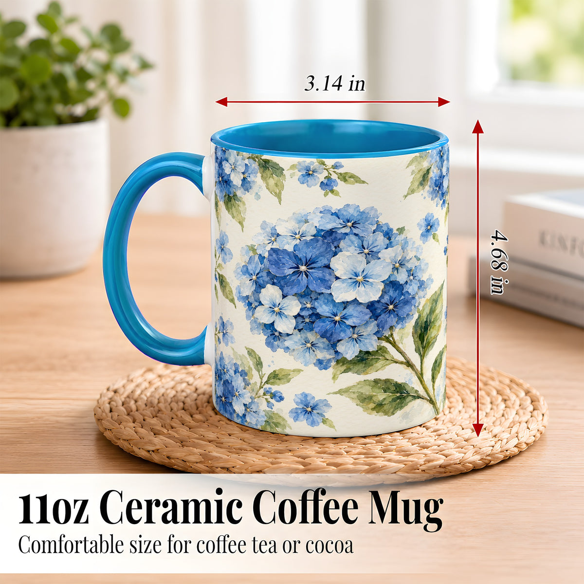 #pl[11oz|Blue] Blue Hydrangea Coffee Mug, Watercolor Floral Mug, Ceramic Cup