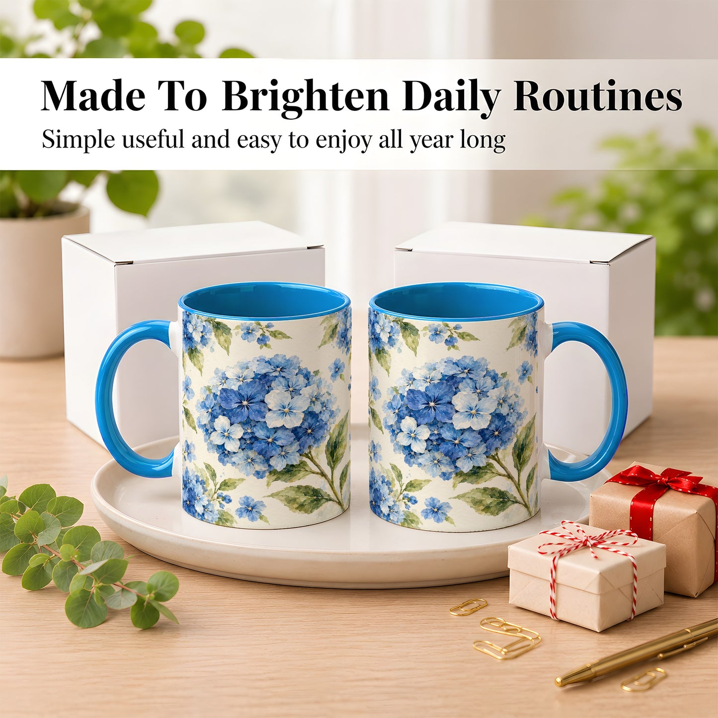 #pl[11oz|Blue] Blue Hydrangea Coffee Mug, Watercolor Floral Mug, Ceramic Cup