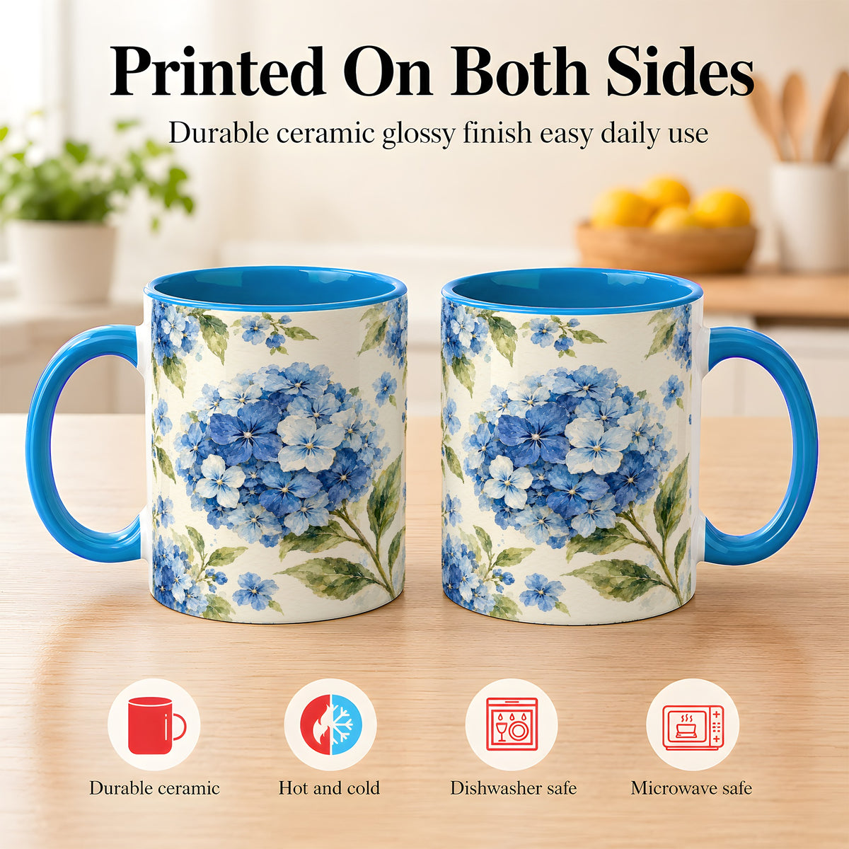 #pl[11oz|Blue] Blue Hydrangea Coffee Mug, Watercolor Floral Mug, Ceramic Cup