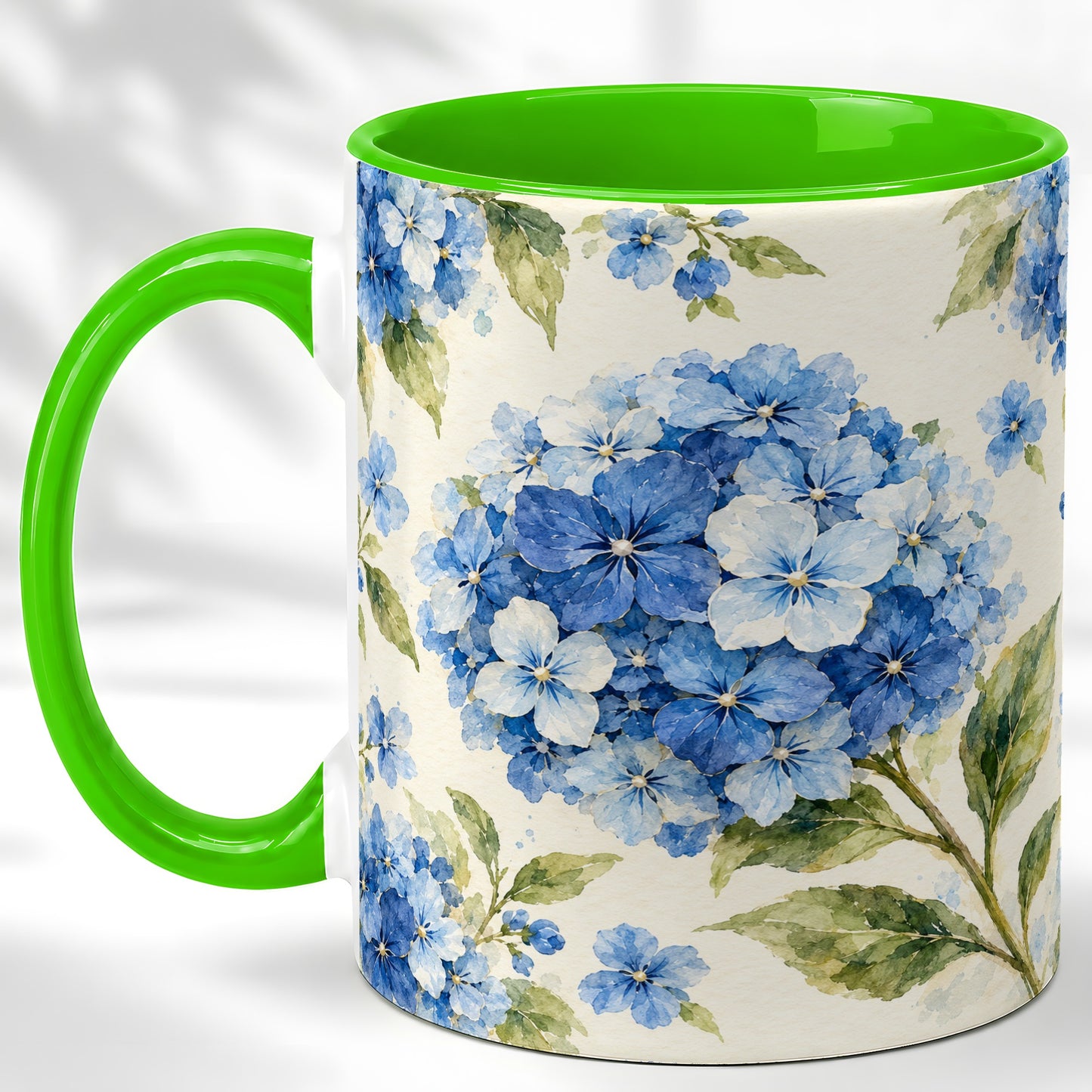 #pl[11oz|Green] Blue Hydrangea Coffee Mug, Watercolor Floral Mug, Ceramic Cup