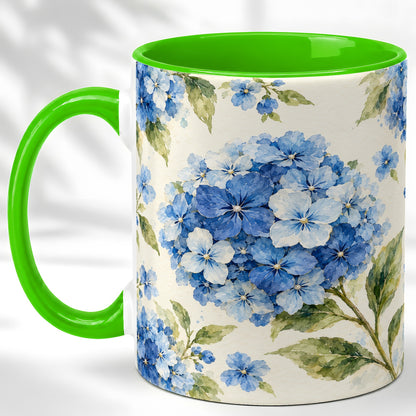 #pl[11oz|Green] Blue Hydrangea Coffee Mug, Watercolor Floral Mug, Ceramic Cup