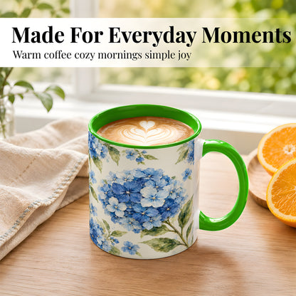 #pl[11oz|Green] Blue Hydrangea Coffee Mug, Watercolor Floral Mug, Ceramic Cup