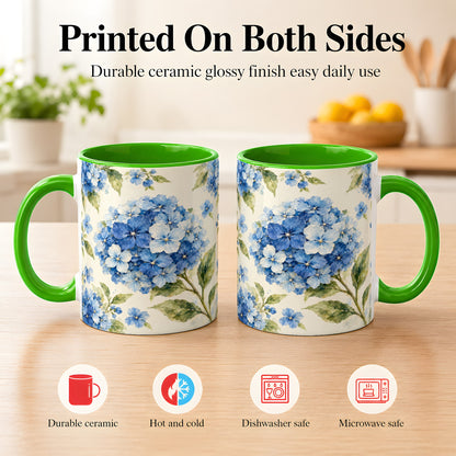 #pl[11oz|Green] Blue Hydrangea Coffee Mug, Watercolor Floral Mug, Ceramic Cup