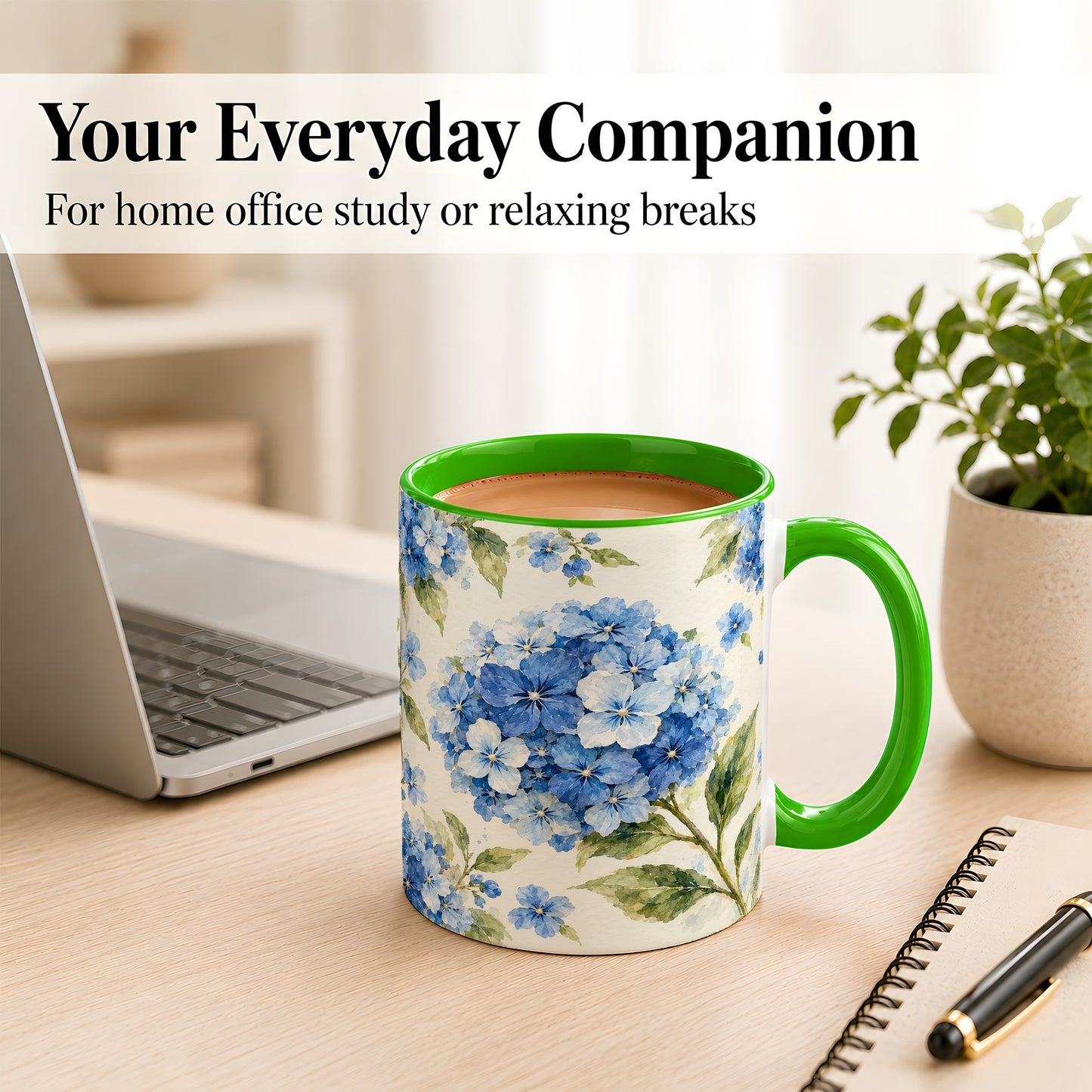#pl[11oz|Green] Blue Hydrangea Coffee Mug, Watercolor Floral Mug, Ceramic Cup