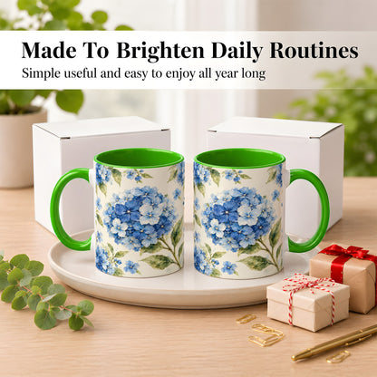 #pl[11oz|Green] Blue Hydrangea Coffee Mug, Watercolor Floral Mug, Ceramic Cup