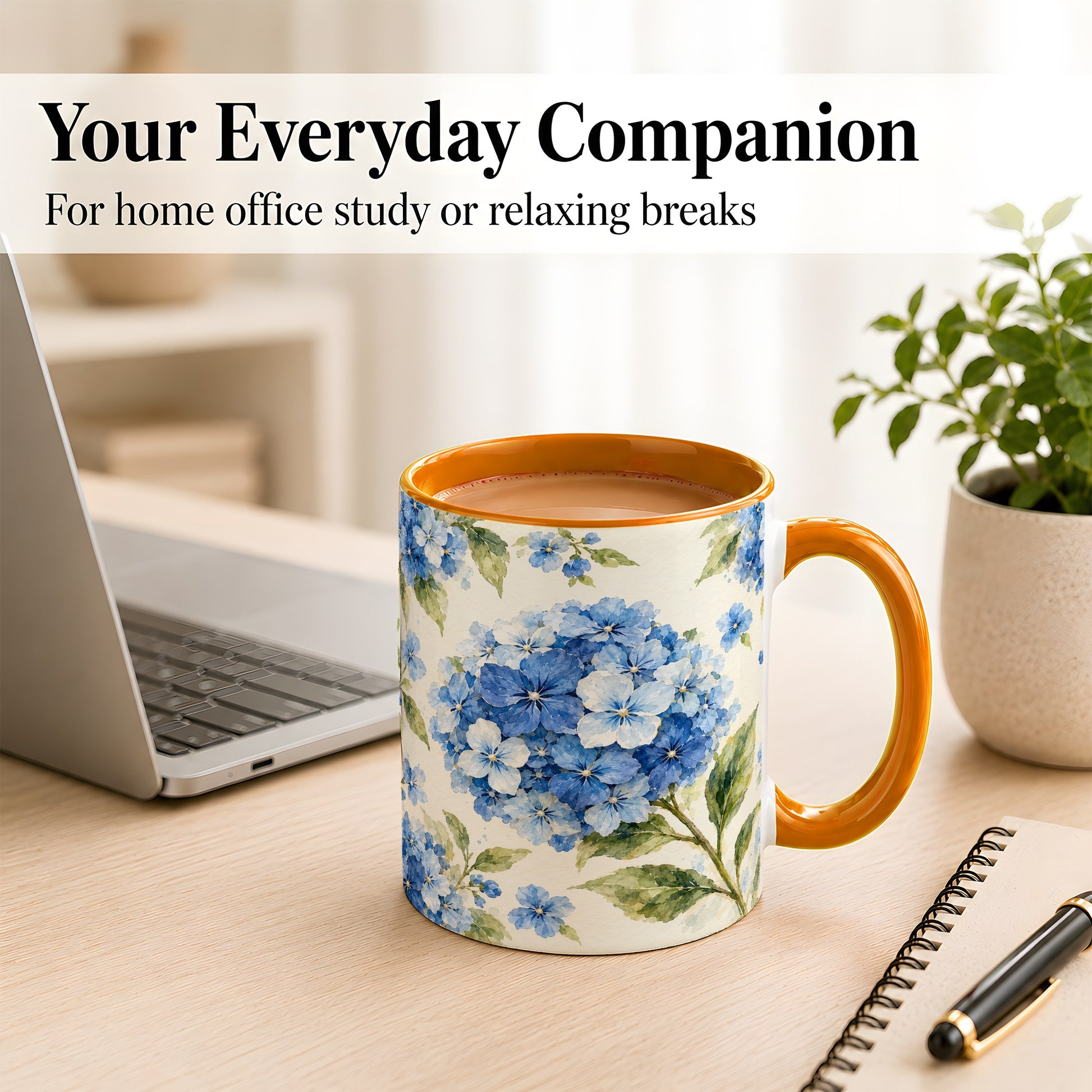 #pl[11oz|Orange] Blue Hydrangea Coffee Mug, Watercolor Floral Mug, Ceramic Cup