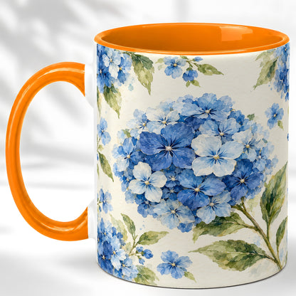 #pl[11oz|Orange] Blue Hydrangea Coffee Mug, Watercolor Floral Mug, Ceramic Cup