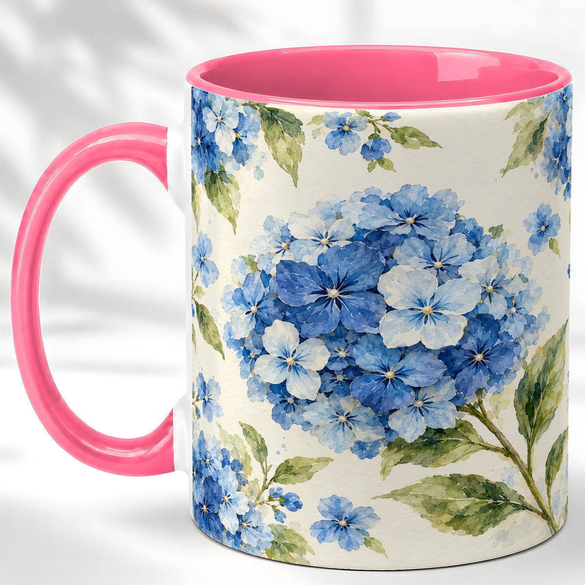 #pl[11oz|Pink] Blue Hydrangea Coffee Mug, Watercolor Floral Mug, Ceramic Cup