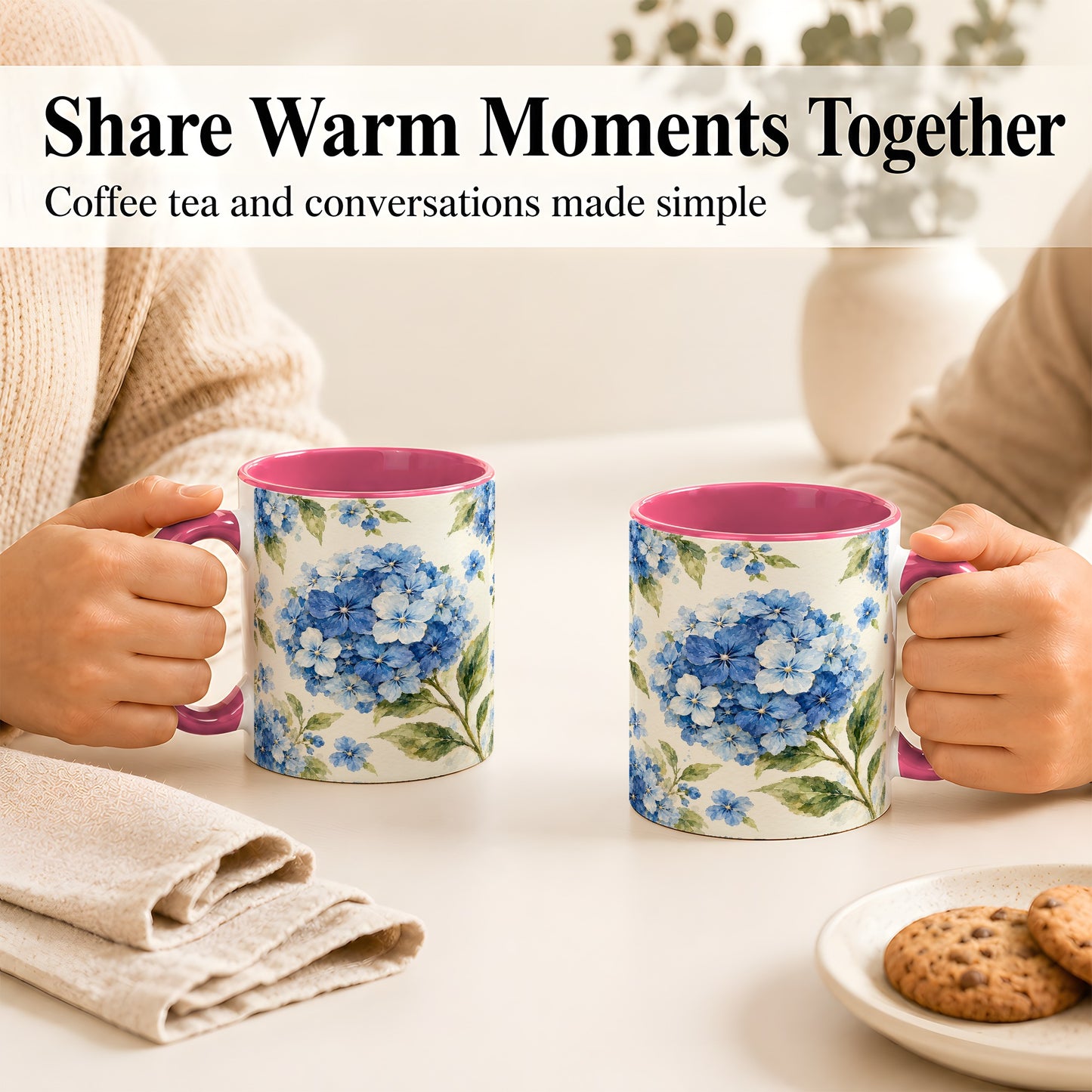 #pl[11oz|Pink] Blue Hydrangea Coffee Mug, Watercolor Floral Mug, Ceramic Cup