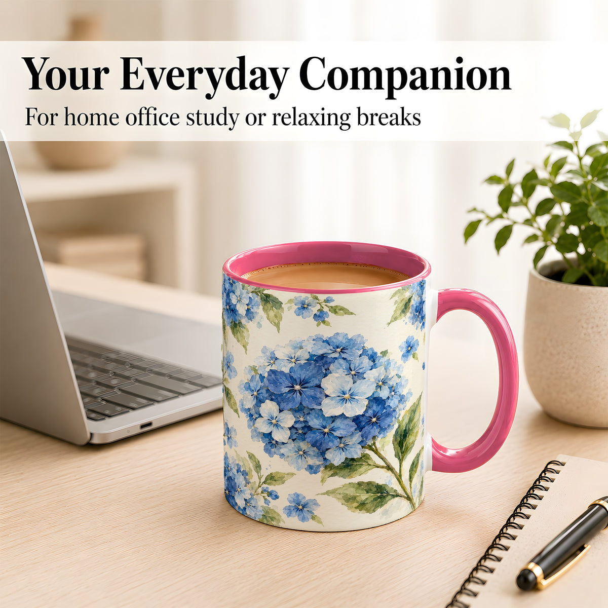 #pl[11oz|Pink] Blue Hydrangea Coffee Mug, Watercolor Floral Mug, Ceramic Cup