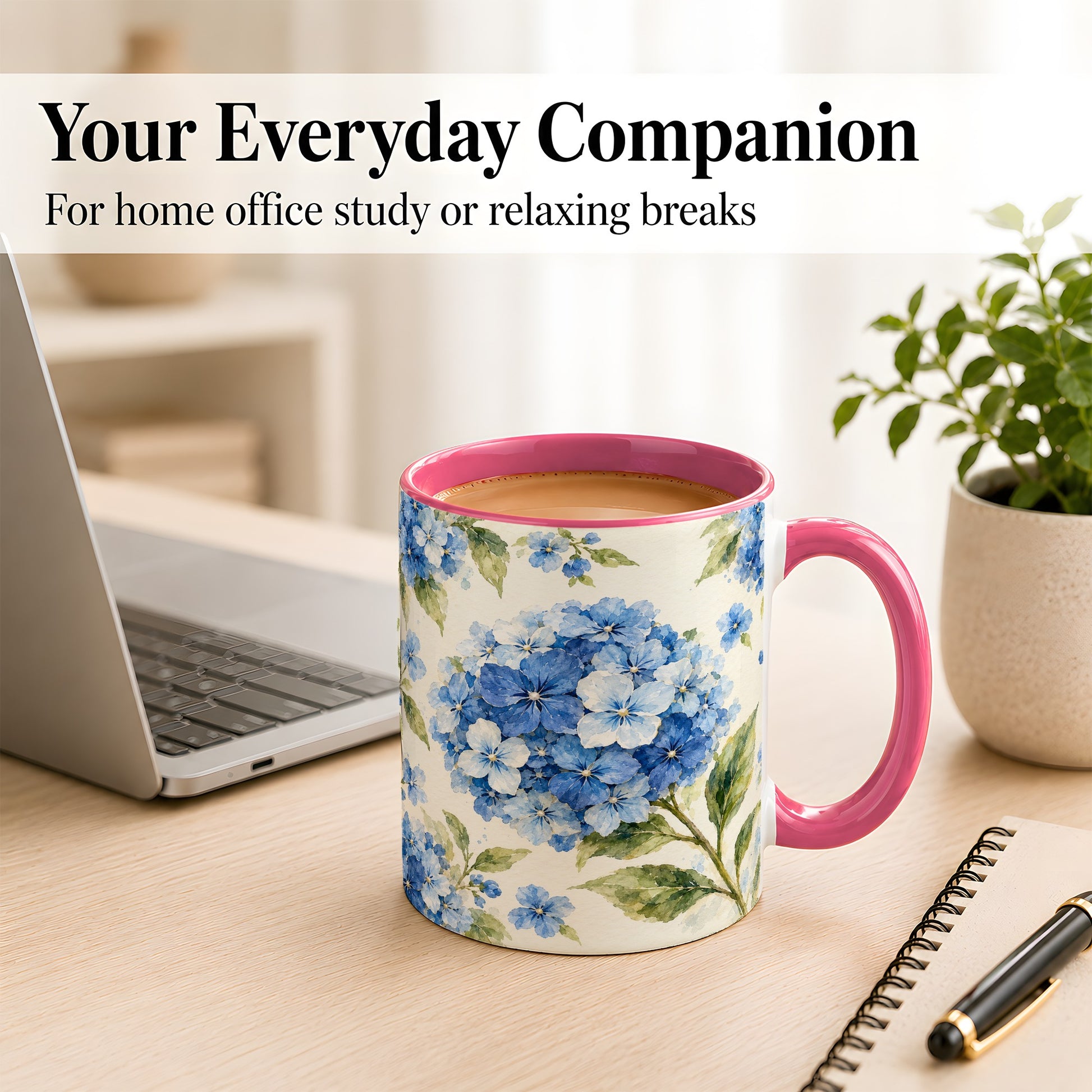 #pl[11oz|Pink] Blue Hydrangea Coffee Mug, Watercolor Floral Mug, Ceramic Cup