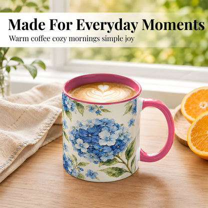 #pl[11oz|Pink] Blue Hydrangea Coffee Mug, Watercolor Floral Mug, Ceramic Cup