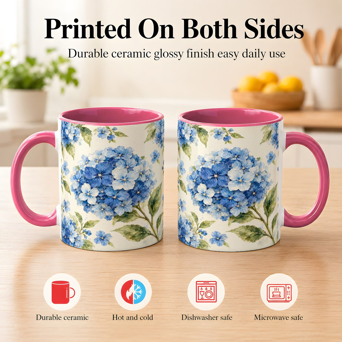 #pl[11oz|Pink] Blue Hydrangea Coffee Mug, Watercolor Floral Mug, Ceramic Cup