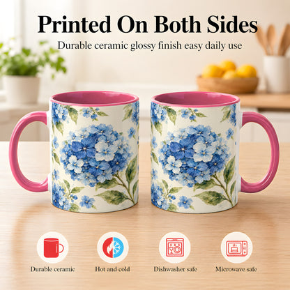 #pl[11oz|Pink] Blue Hydrangea Coffee Mug, Watercolor Floral Mug, Ceramic Cup