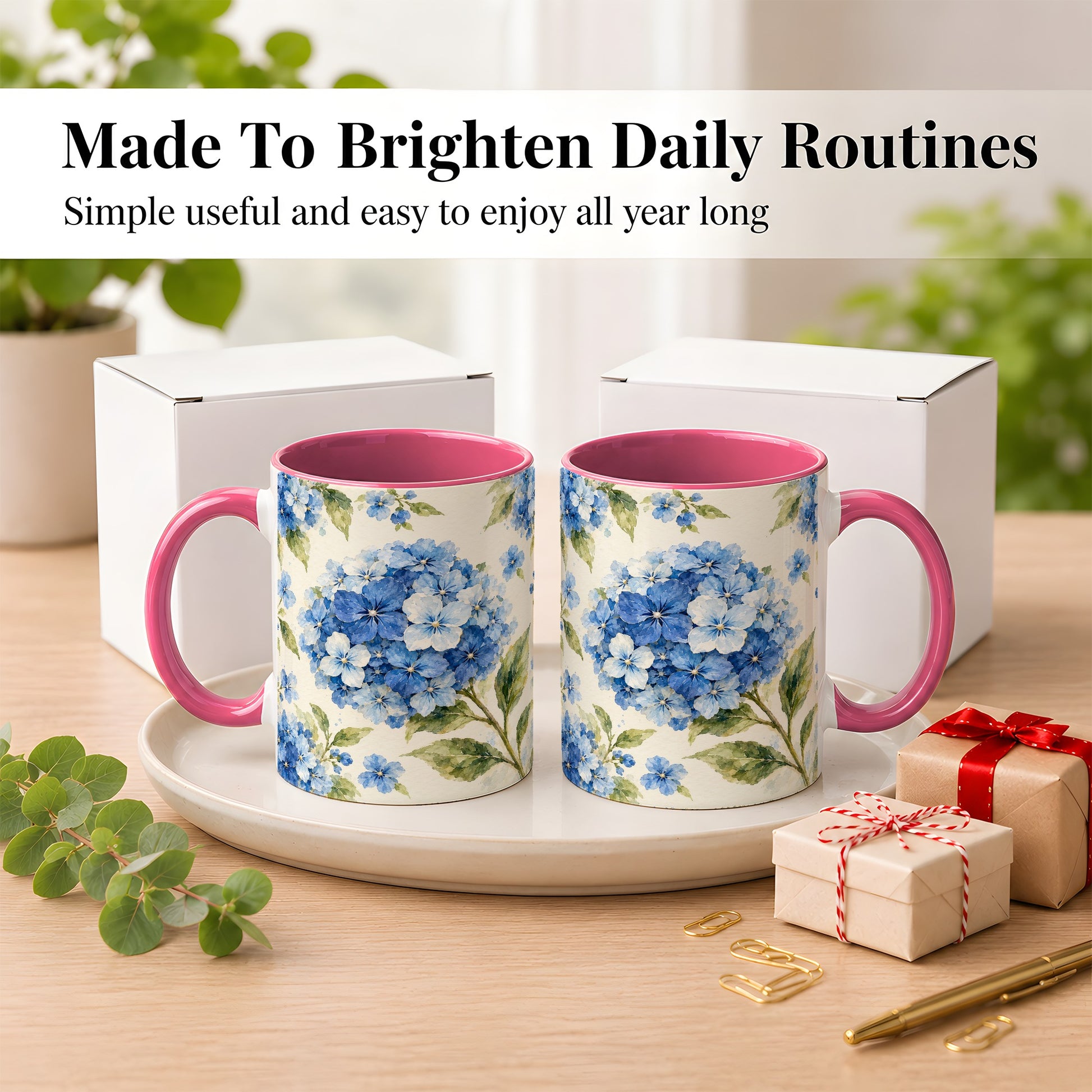 #pl[11oz|Pink] Blue Hydrangea Coffee Mug, Watercolor Floral Mug, Ceramic Cup