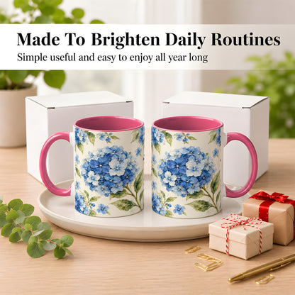 #pl[11oz|Pink] Blue Hydrangea Coffee Mug, Watercolor Floral Mug, Ceramic Cup