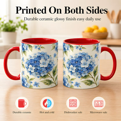 #pl[11oz|Red] Blue Hydrangea Coffee Mug, Watercolor Floral Mug, Ceramic Cup