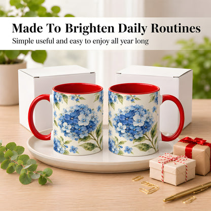 #pl[11oz|Red] Blue Hydrangea Coffee Mug, Watercolor Floral Mug, Ceramic Cup