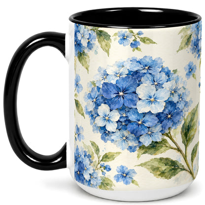 #pl[15oz|Black] Blue Hydrangea Coffee Mug, Watercolor Floral Mug, Ceramic Cup