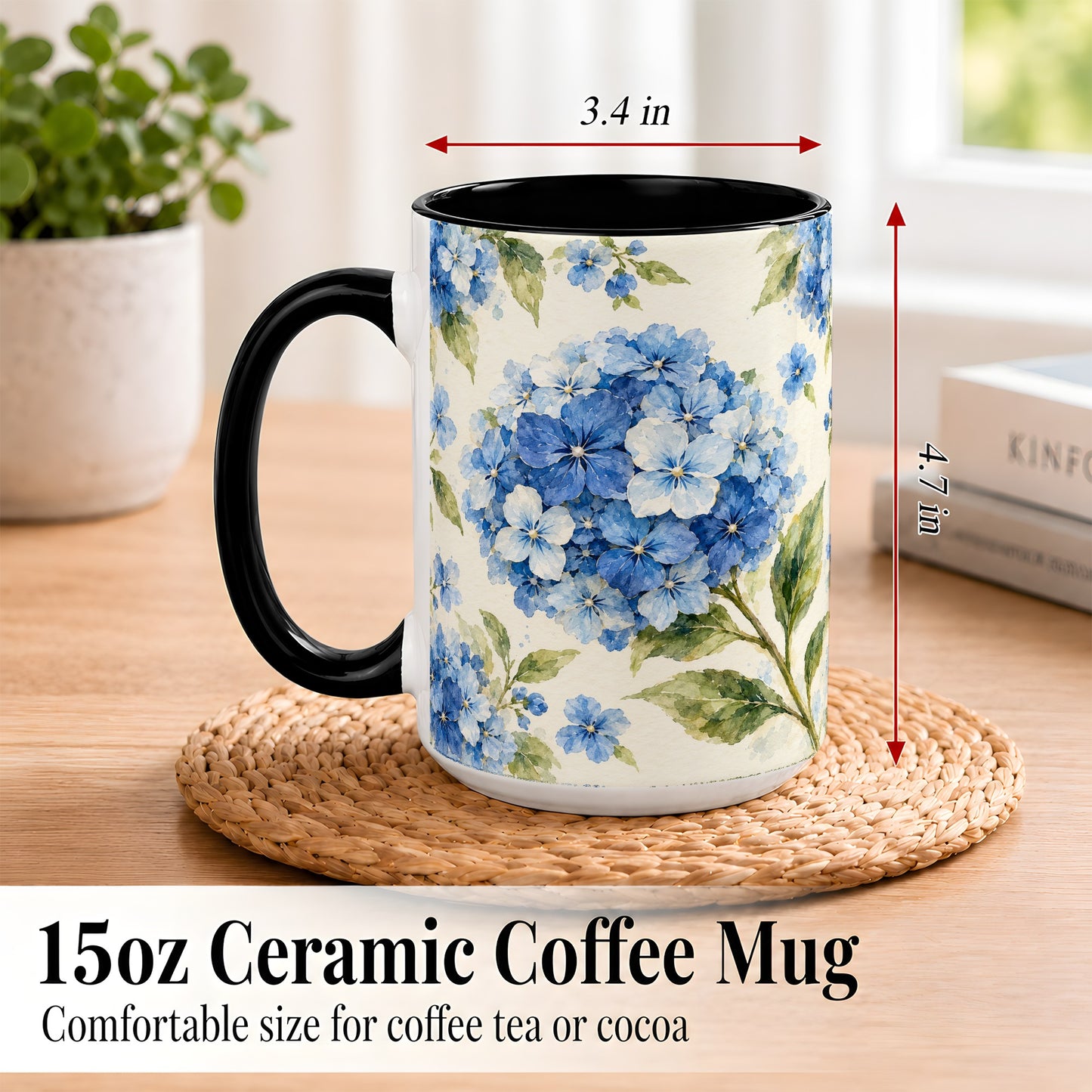 #pl[15oz|Black] Blue Hydrangea Coffee Mug, Watercolor Floral Mug, Ceramic Cup