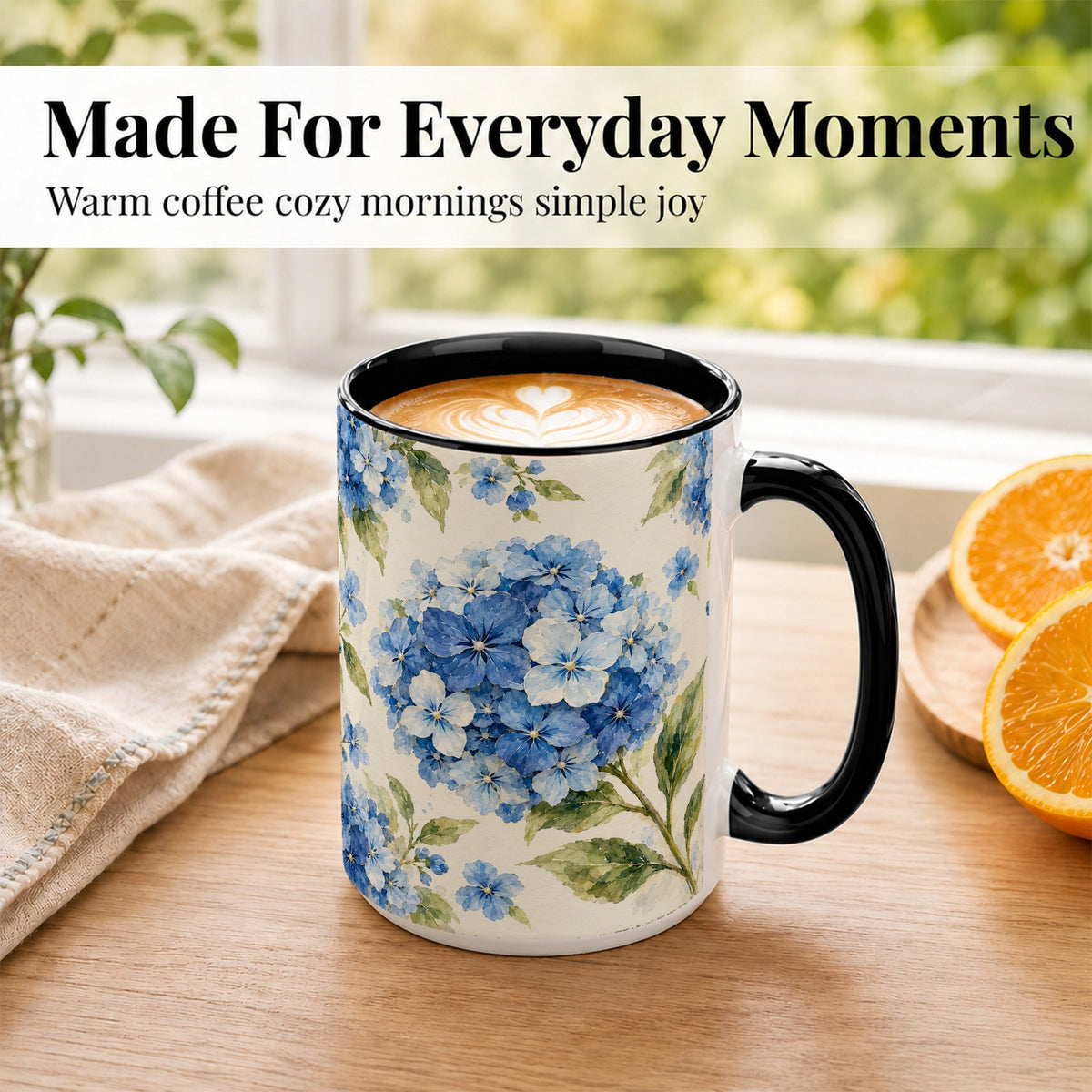 #pl[15oz|Black] Blue Hydrangea Coffee Mug, Watercolor Floral Mug, Ceramic Cup