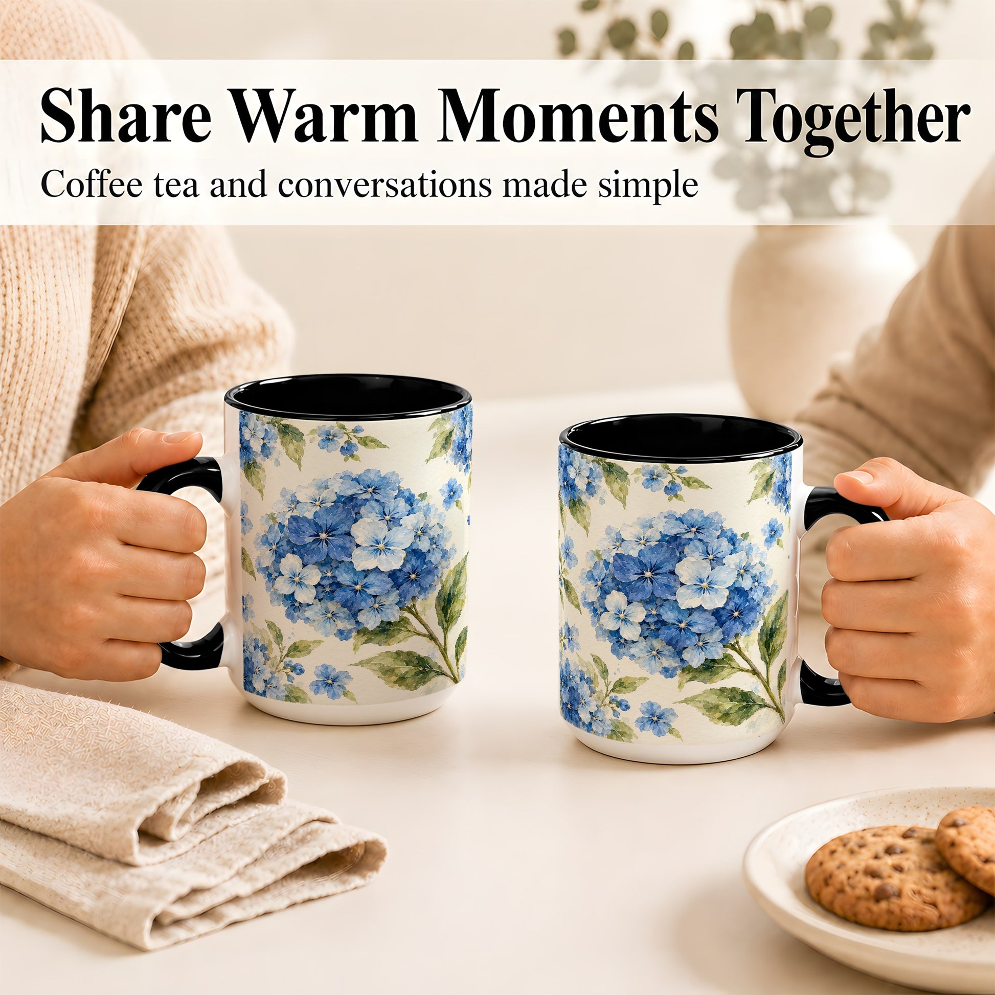 #pl[15oz|Black] Blue Hydrangea Coffee Mug, Watercolor Floral Mug, Ceramic Cup