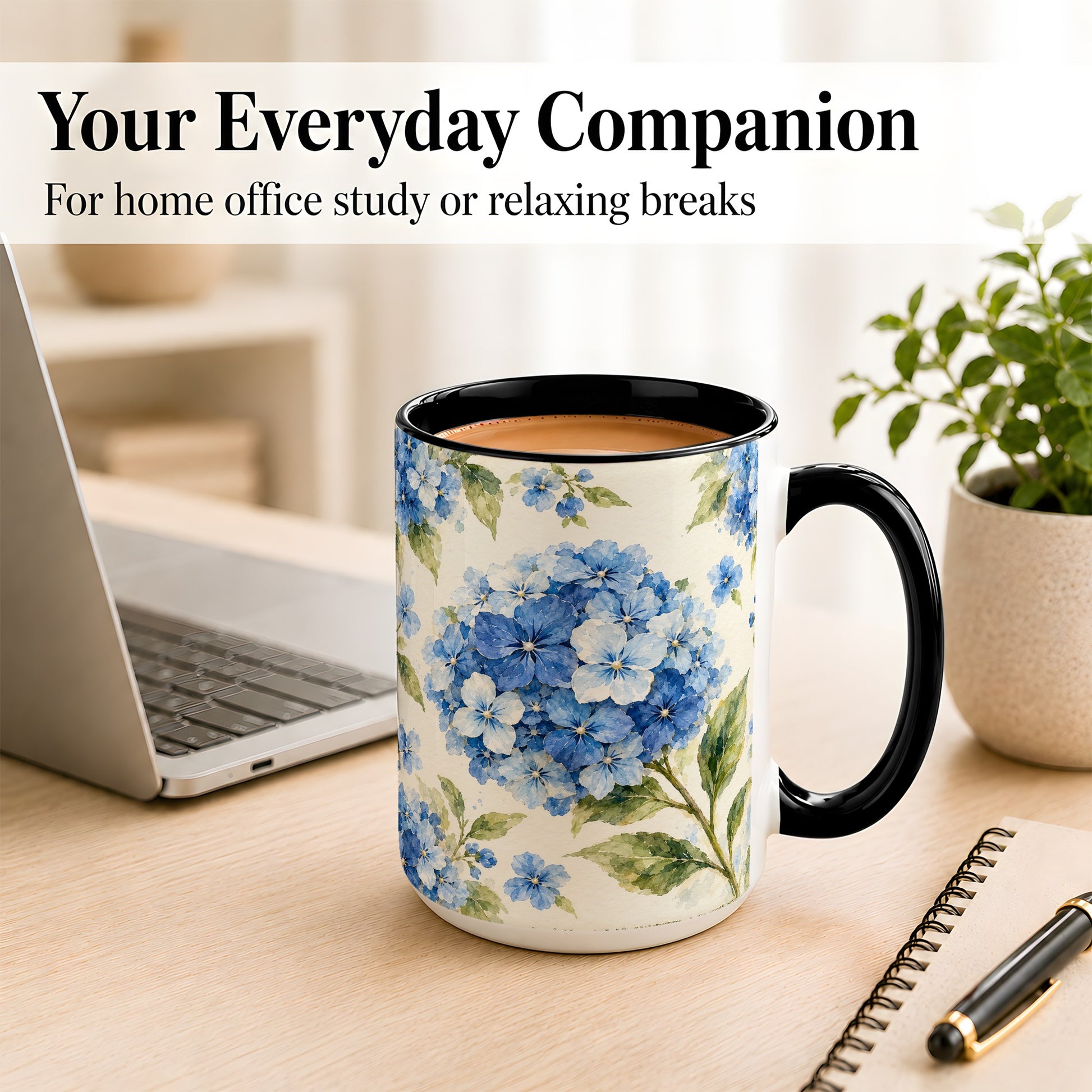 #pl[15oz|Black] Blue Hydrangea Coffee Mug, Watercolor Floral Mug, Ceramic Cup