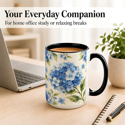 #pl[15oz|Black] Blue Hydrangea Coffee Mug, Watercolor Floral Mug, Ceramic Cup