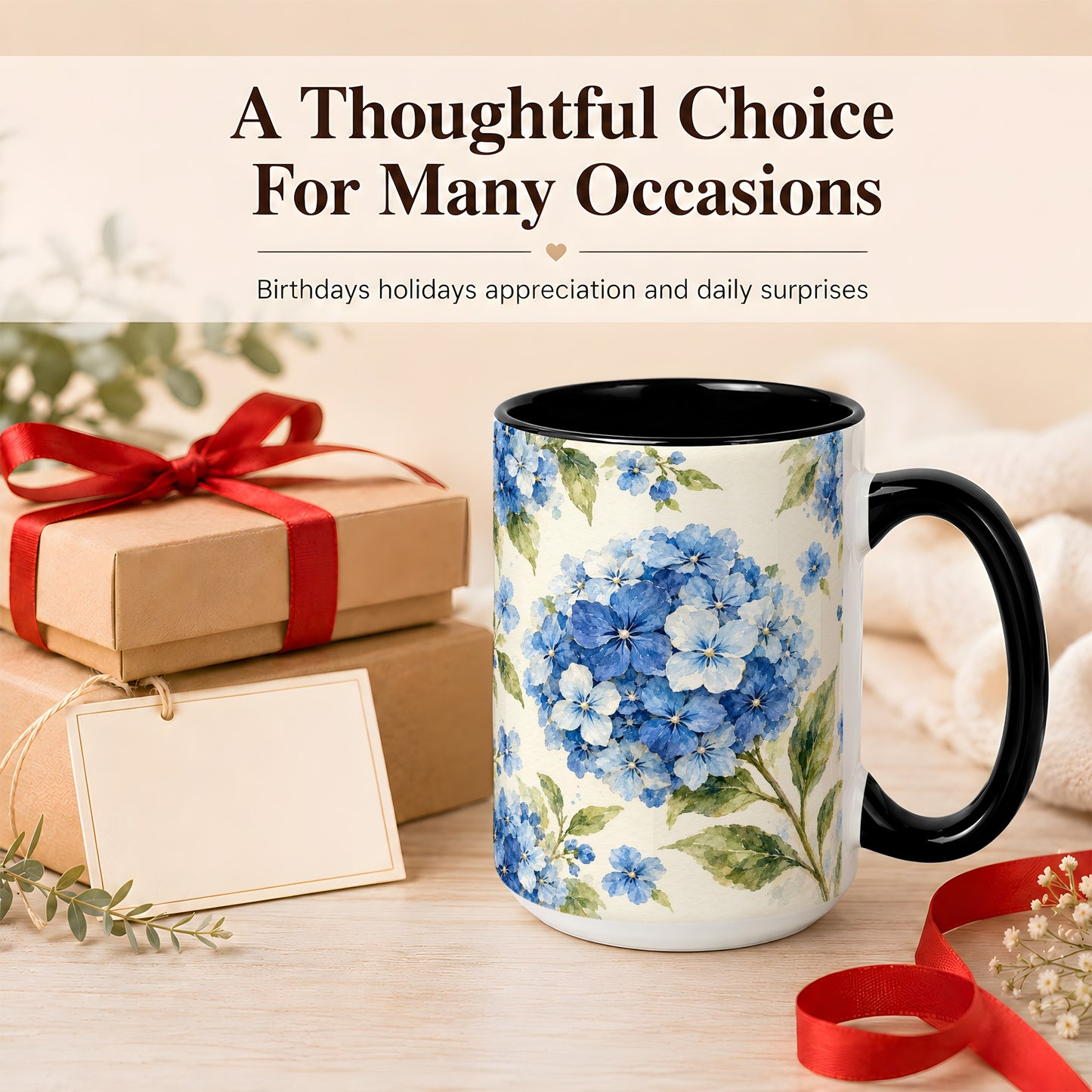 #pl[15oz|Black] Blue Hydrangea Coffee Mug, Watercolor Floral Mug, Ceramic Cup