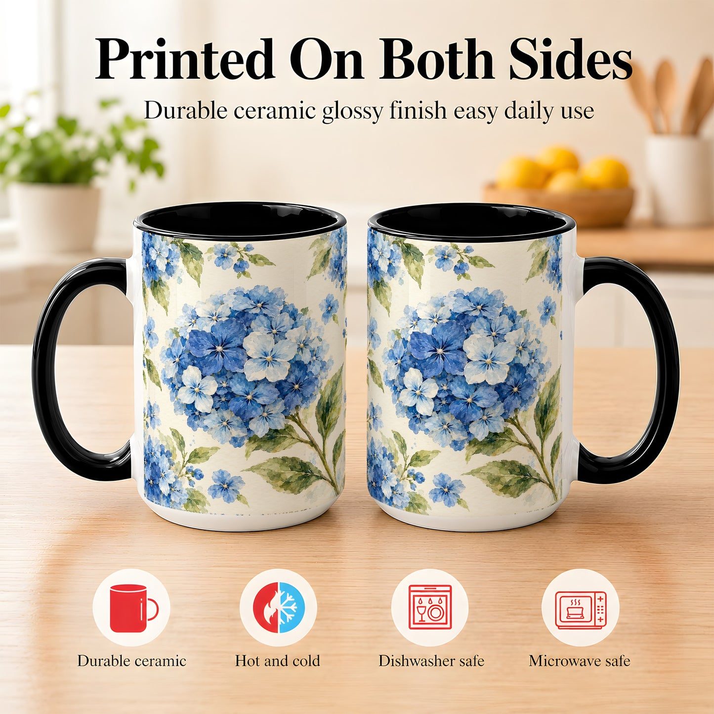 #pl[15oz|Black] Blue Hydrangea Coffee Mug, Watercolor Floral Mug, Ceramic Cup
