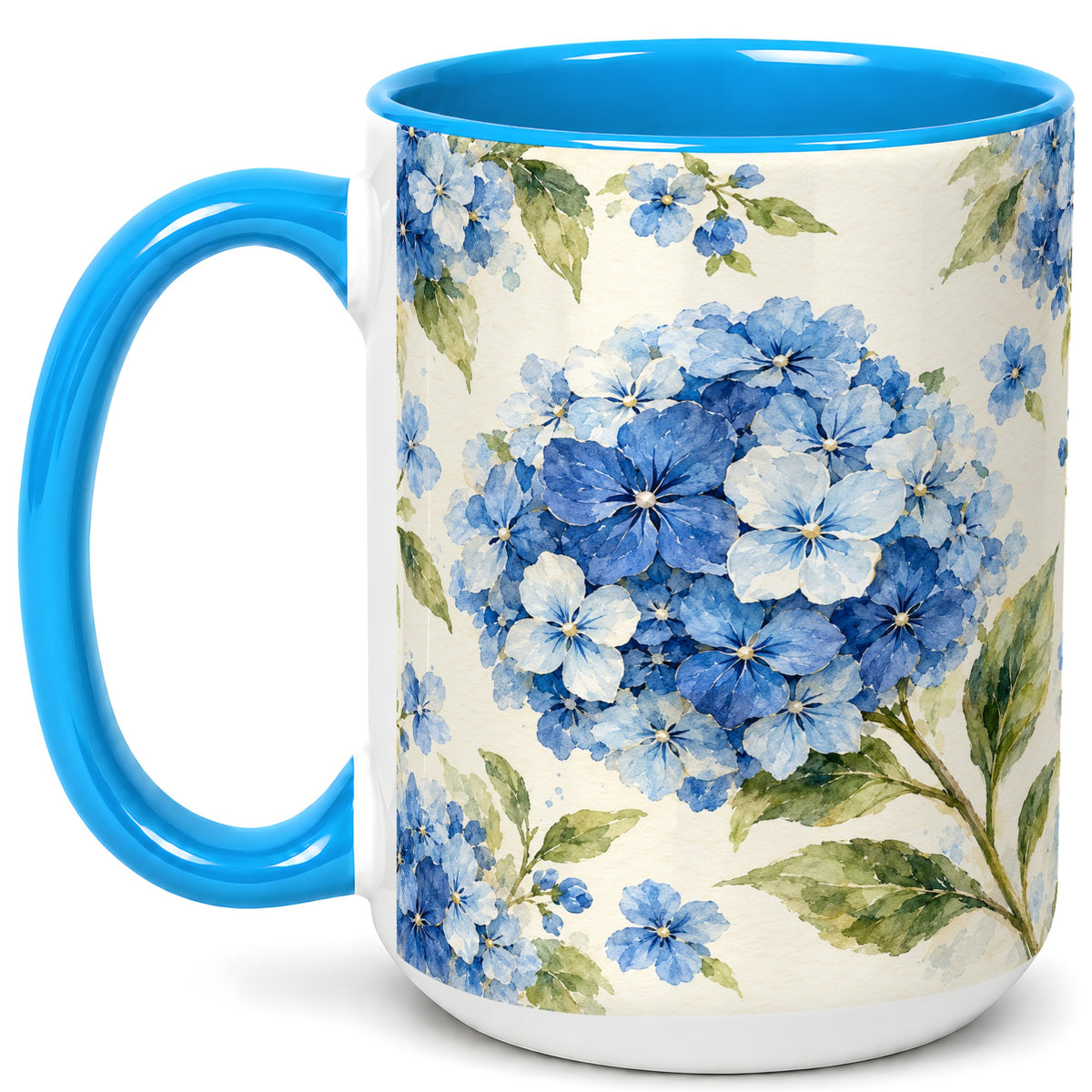 #pl[15oz|Blue] Blue Hydrangea Coffee Mug, Watercolor Floral Mug, Ceramic Cup