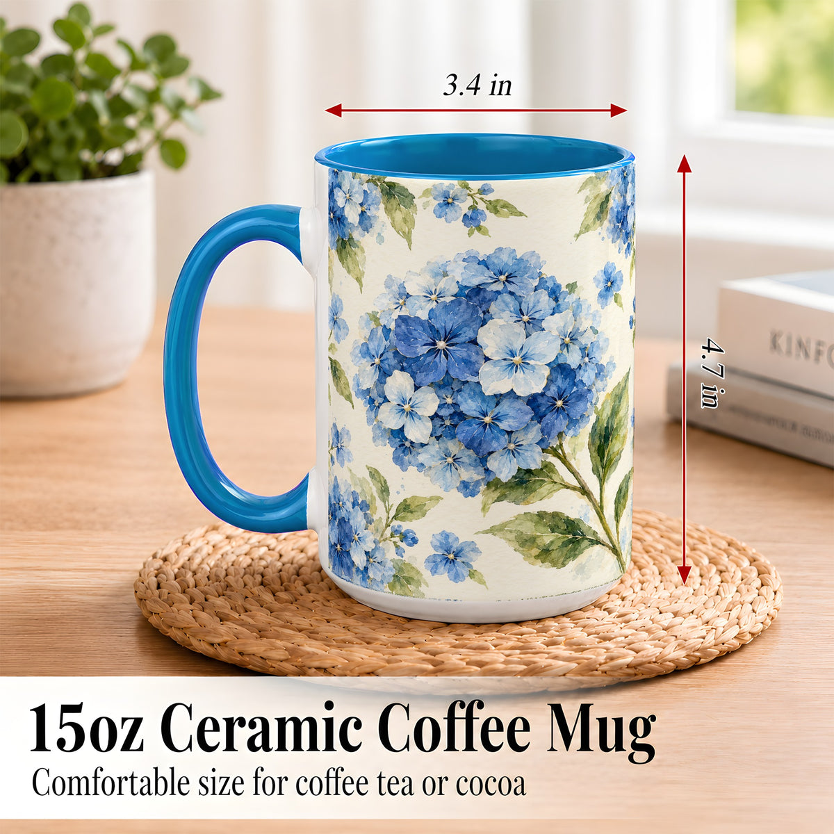 #pl[15oz|Blue] Blue Hydrangea Coffee Mug, Watercolor Floral Mug, Ceramic Cup