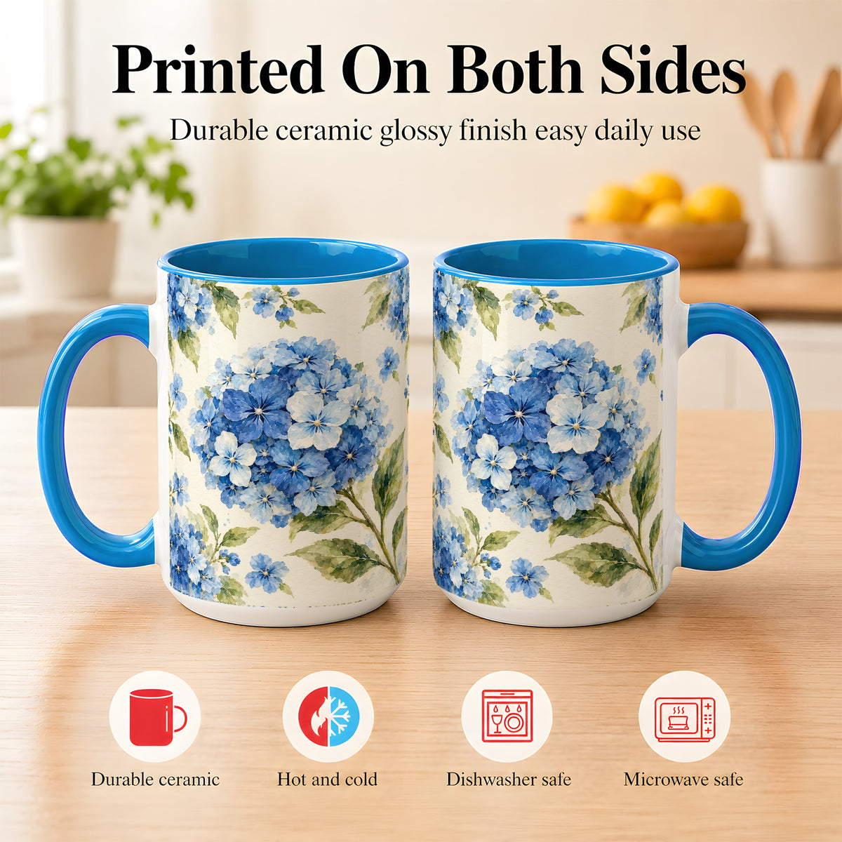 #pl[15oz|Blue] Blue Hydrangea Coffee Mug, Watercolor Floral Mug, Ceramic Cup