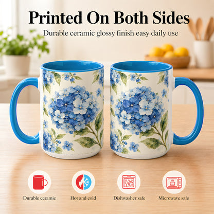 #pl[15oz|Blue] Blue Hydrangea Coffee Mug, Watercolor Floral Mug, Ceramic Cup