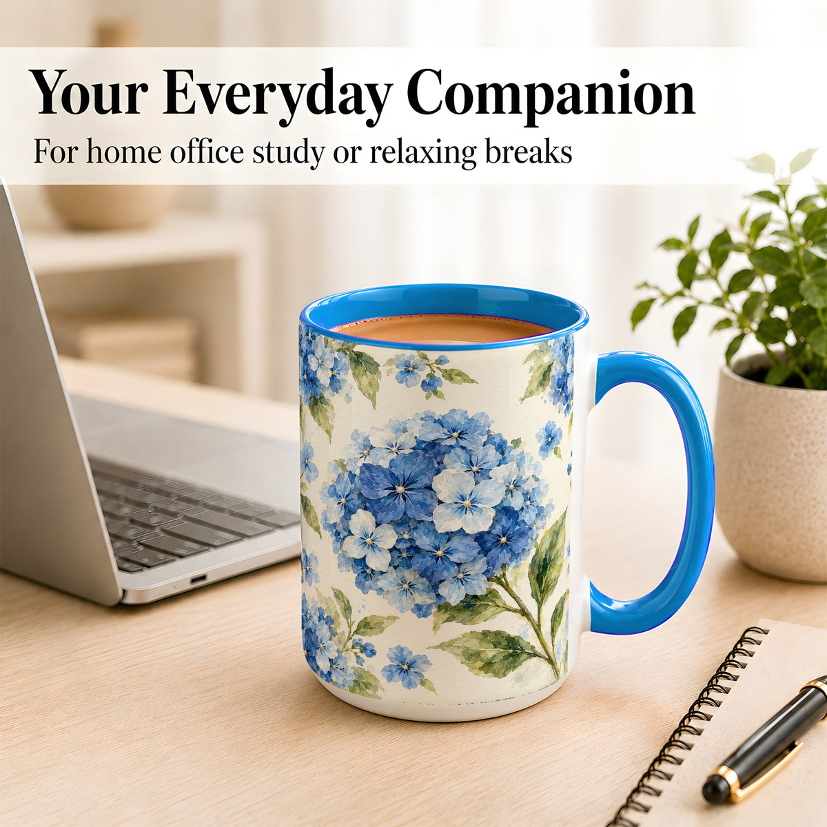 #pl[15oz|Blue] Blue Hydrangea Coffee Mug, Watercolor Floral Mug, Ceramic Cup