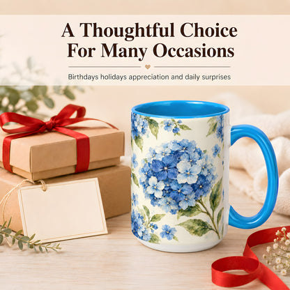 #pl[15oz|Blue] Blue Hydrangea Coffee Mug, Watercolor Floral Mug, Ceramic Cup