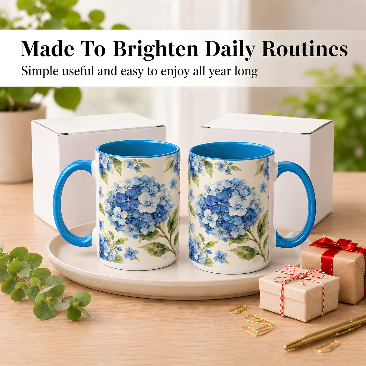 #pl[15oz|Blue] Blue Hydrangea Coffee Mug, Watercolor Floral Mug, Ceramic Cup