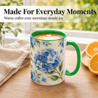 #pl[15oz|Green] Blue Hydrangea Coffee Mug, Watercolor Floral Mug, Ceramic Cup