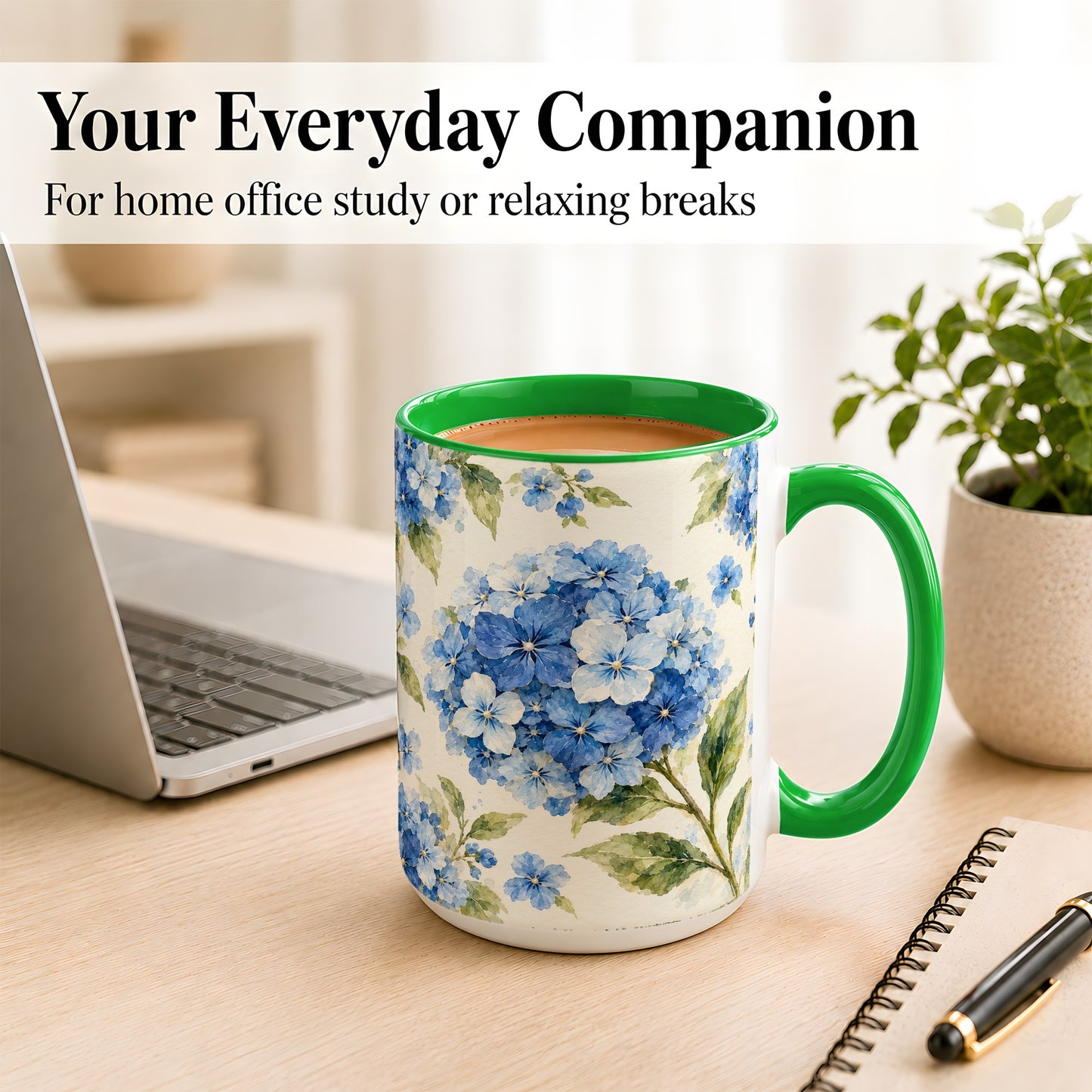 #pl[15oz|Green] Blue Hydrangea Coffee Mug, Watercolor Floral Mug, Ceramic Cup