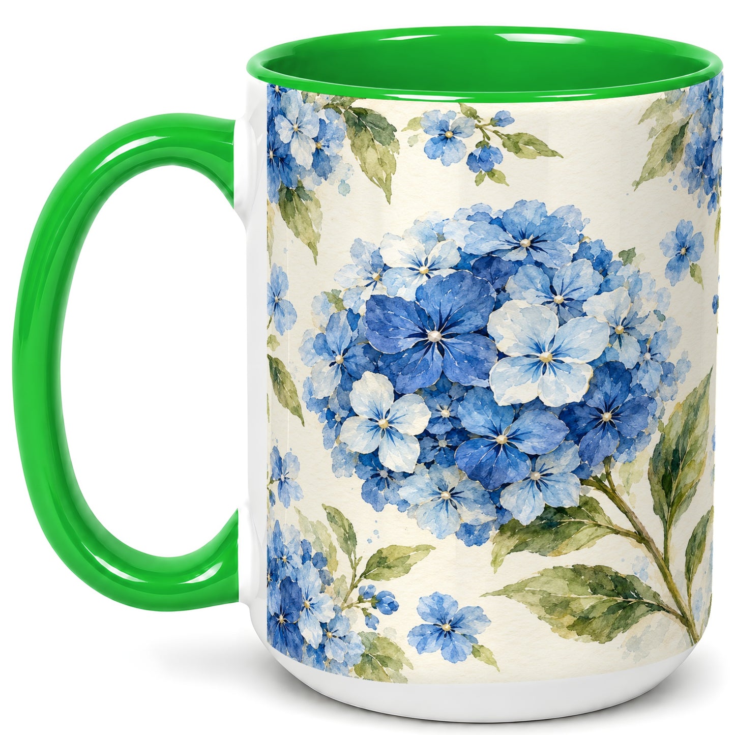#pl[15oz|Green] Blue Hydrangea Coffee Mug, Watercolor Floral Mug, Ceramic Cup