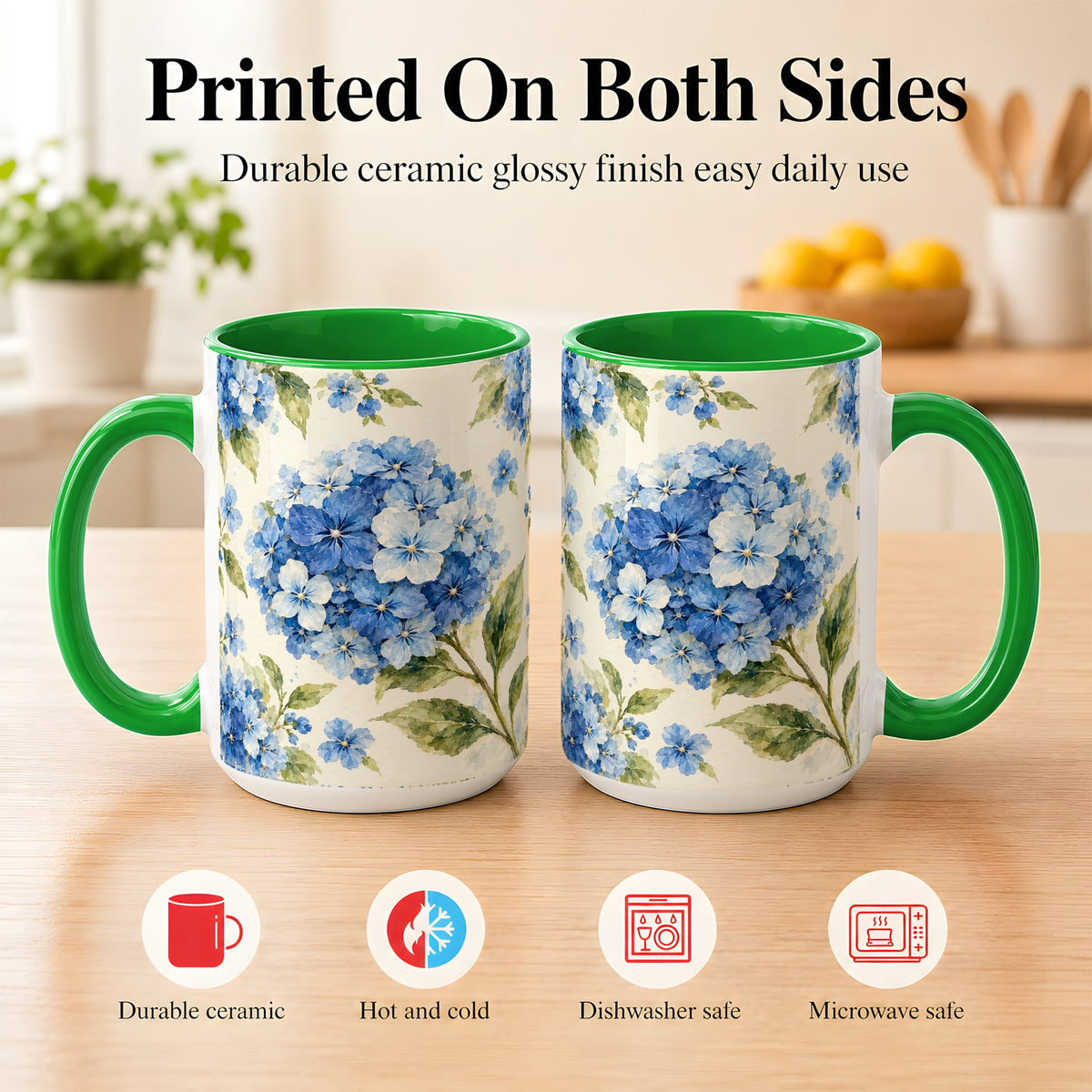 #pl[15oz|Green] Blue Hydrangea Coffee Mug, Watercolor Floral Mug, Ceramic Cup