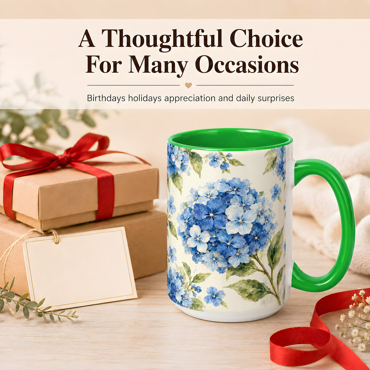 #pl[15oz|Green] Blue Hydrangea Coffee Mug, Watercolor Floral Mug, Ceramic Cup