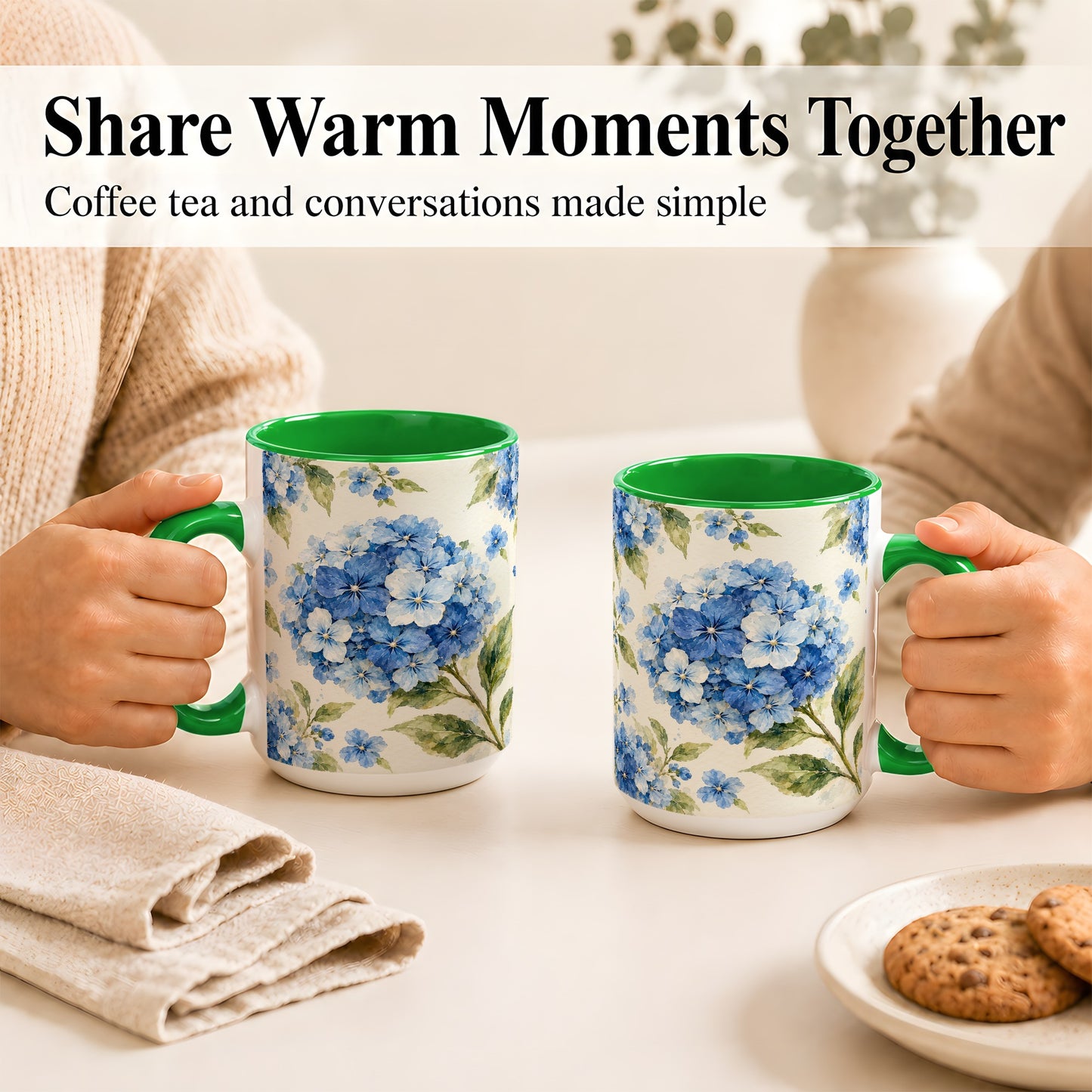 #pl[15oz|Green] Blue Hydrangea Coffee Mug, Watercolor Floral Mug, Ceramic Cup