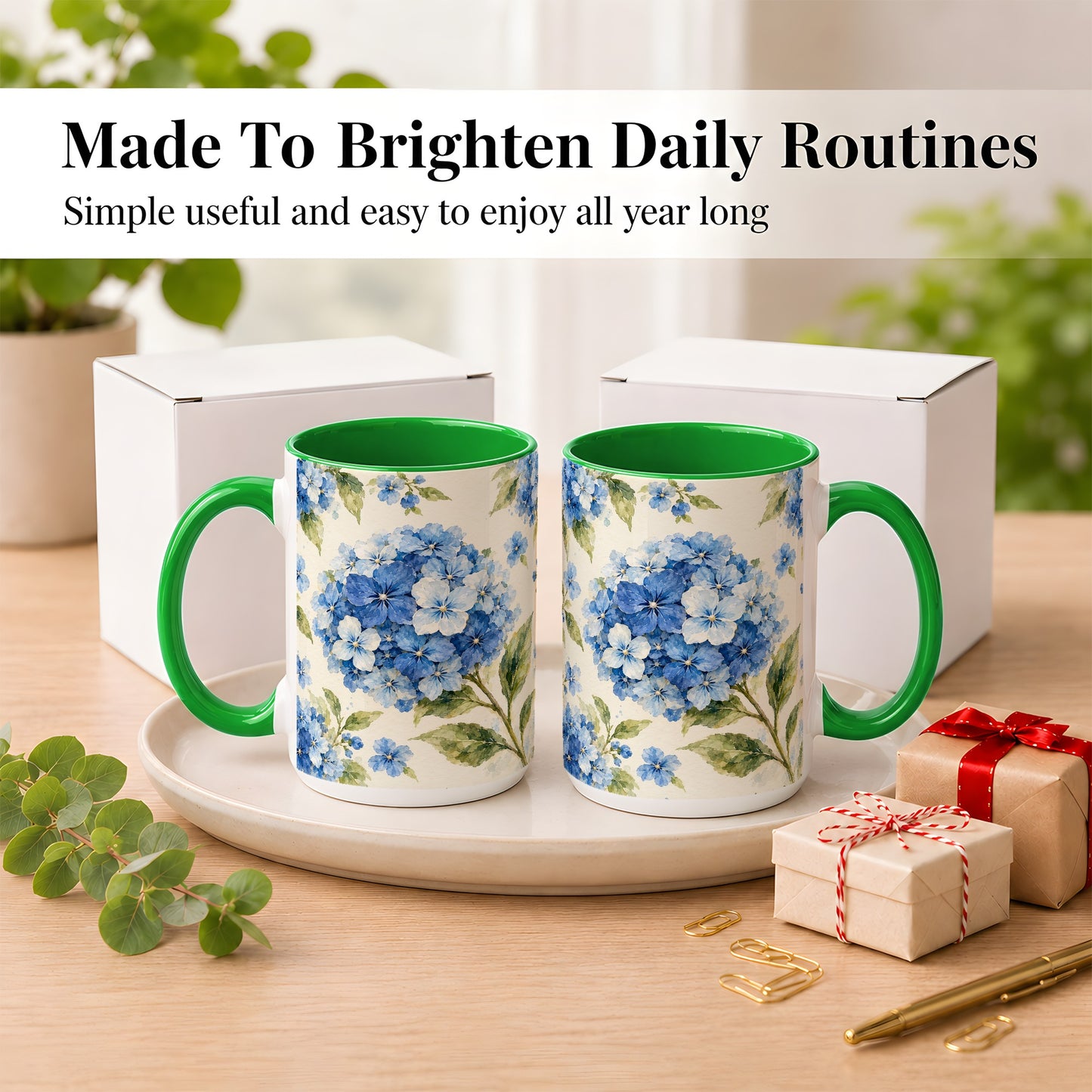 #pl[15oz|Green] Blue Hydrangea Coffee Mug, Watercolor Floral Mug, Ceramic Cup