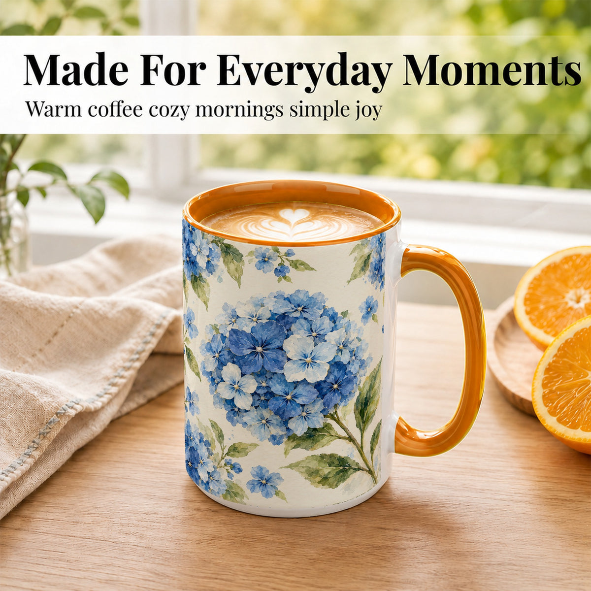 #pl[15oz|Orange] Blue Hydrangea Coffee Mug, Watercolor Floral Mug, Ceramic Cup