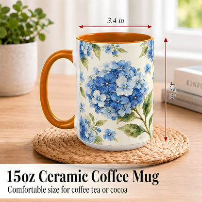#pl[15oz|Orange] Blue Hydrangea Coffee Mug, Watercolor Floral Mug, Ceramic Cup