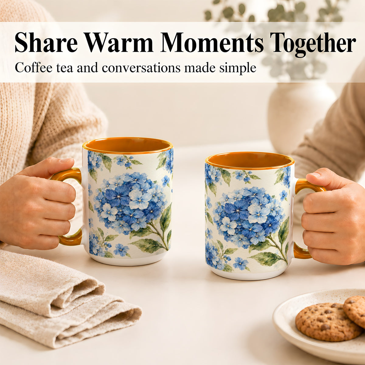 #pl[15oz|Orange] Blue Hydrangea Coffee Mug, Watercolor Floral Mug, Ceramic Cup