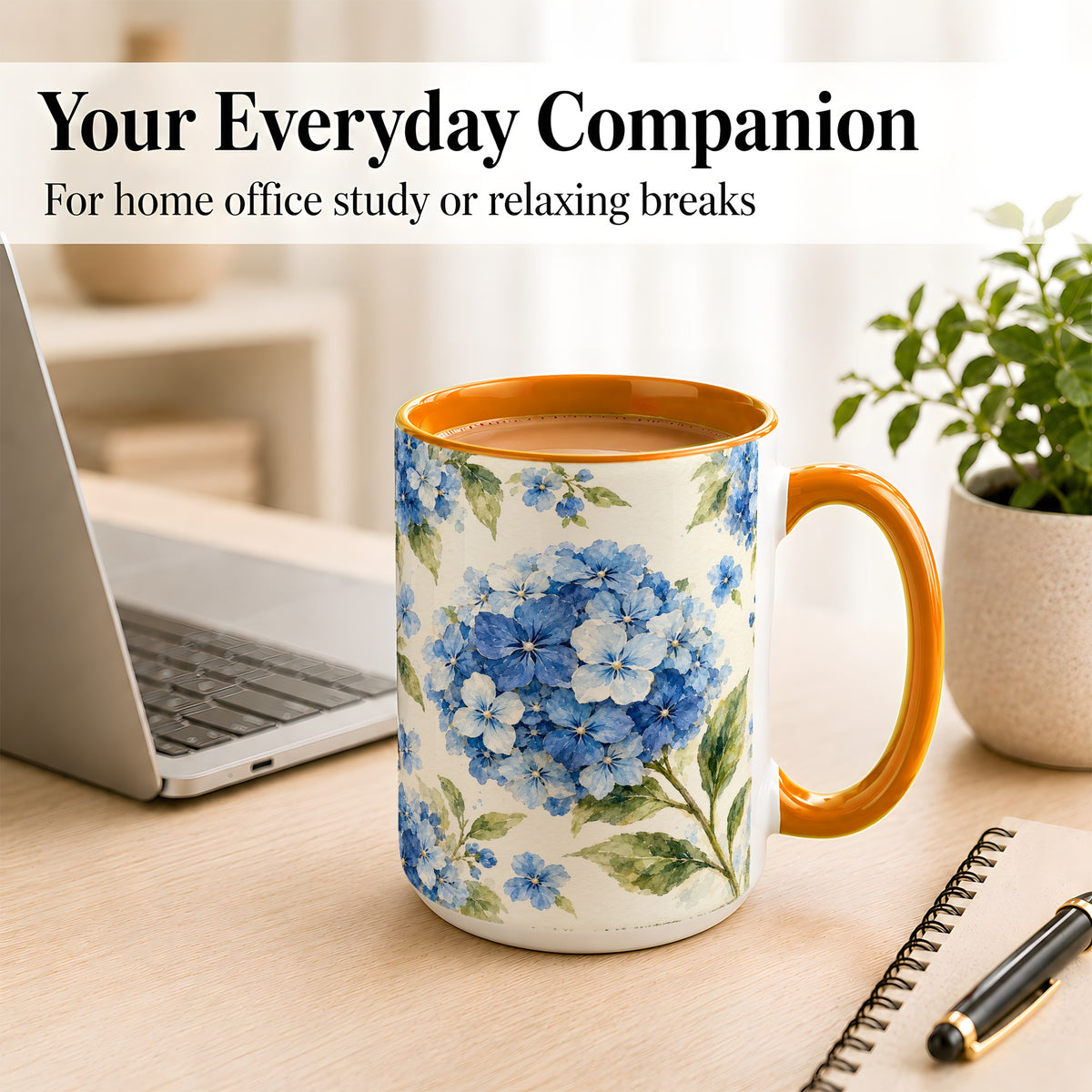 #pl[15oz|Orange] Blue Hydrangea Coffee Mug, Watercolor Floral Mug, Ceramic Cup