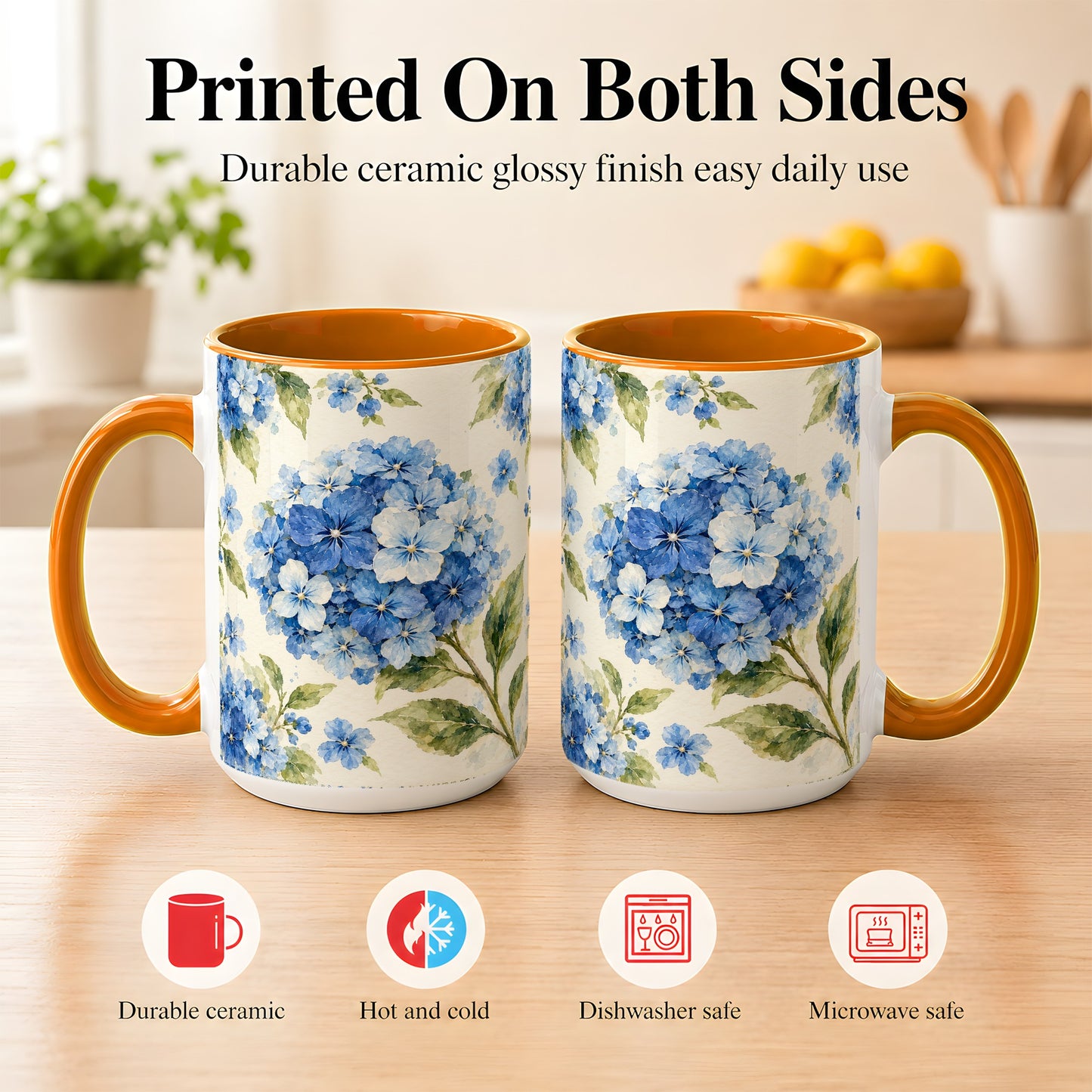 #pl[15oz|Orange] Blue Hydrangea Coffee Mug, Watercolor Floral Mug, Ceramic Cup